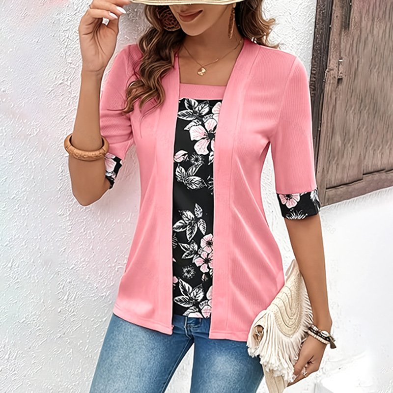 19602a40-eca2-438a-aabd-9cea39deb52b.jpg Womens Faux Two-piece Short-sleeve Printed Top - Image 1