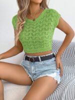 Womens Casual Solid-Color Crew-Neck Cropped Knit Top - Image 7