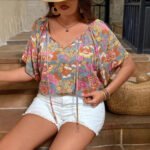 Womens Relaxed-fit V-neck Mid-sleeve Printed Top - Image 4