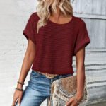 Womens Simple Versatile Lace-Patchwork Crew-Neck Short-Sleeve Top - Image 3
