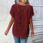 Womens Simple Versatile Lace-Patchwork Crew-Neck Short-Sleeve Top - Image 4
