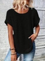 Womens Simple Versatile Lace-Patchwork Crew-Neck Short-Sleeve Top - Image 7