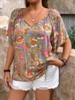 Womens Relaxed-fit V-neck Mid-sleeve Printed Top - Image 6