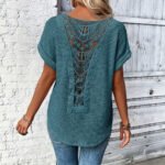 Womens Simple Versatile Lace-Patchwork Crew-Neck Short-Sleeve Top - Image 2