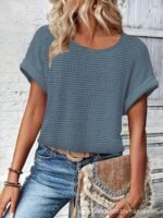 Womens Simple Versatile Lace-Patchwork Crew-Neck Short-Sleeve Top - Image 9