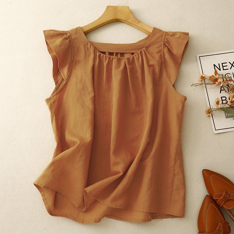 d77be018-c9bb-449e-bca5-44312b6c16f3.jpg Womens Slimming Chic Cotton-Linen Short TopLittle Shirt - Image 1