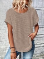 Womens Simple Versatile Lace-Patchwork Crew-Neck Short-Sleeve Top - Image 8