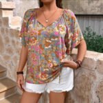 Womens Relaxed-fit V-neck Mid-sleeve Printed Top