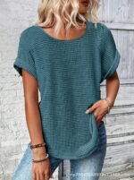 Womens Simple Versatile Lace-Patchwork Crew-Neck Short-Sleeve Top - Image 6